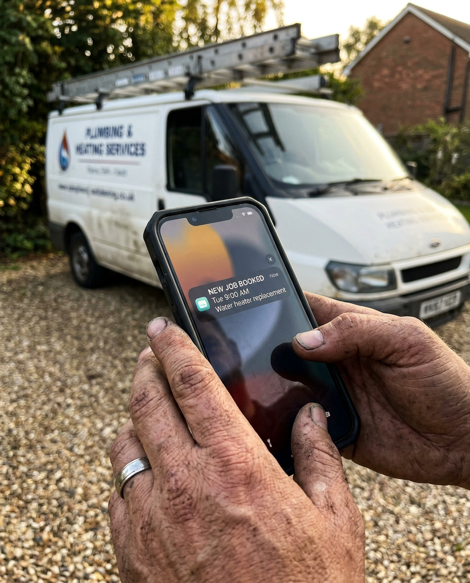 A tradesman&rsquo;s hands holding a phone showing a new job booked text notification