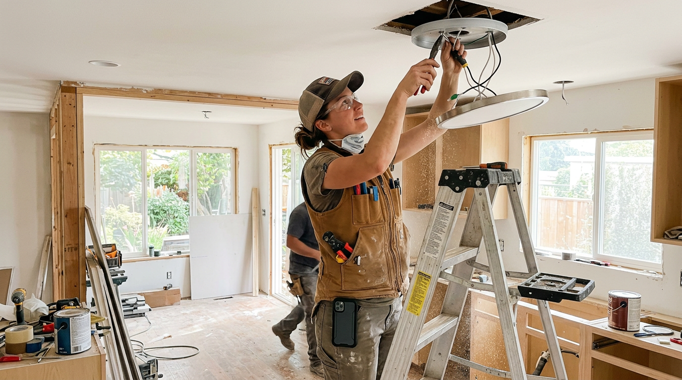 An electrician on a stepladder wiring a ceiling fixture, phone clipped to her belt