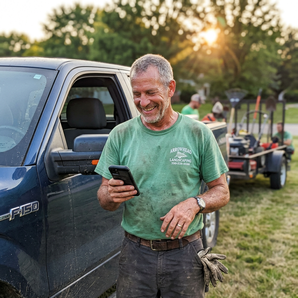 A landscaper leaning on his truck at golden hour, smiling at his phone